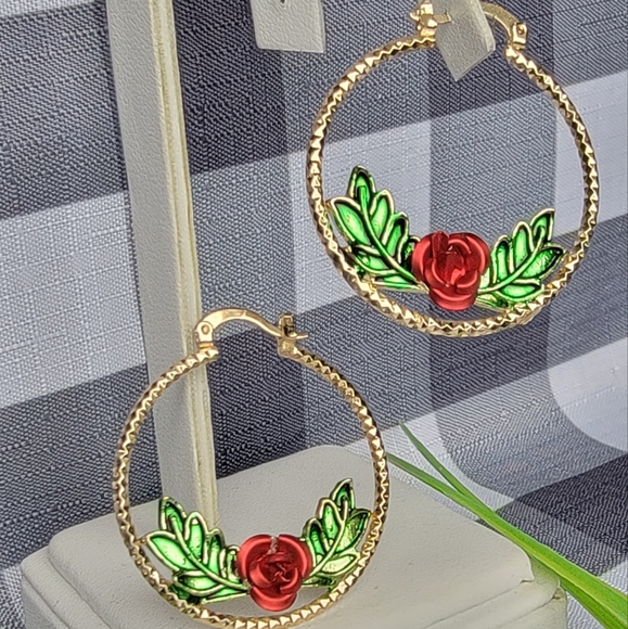 Hoop Chola Earrings Gold Tone Red Rose Loop earring Rosa round Lowrider Chicana - Picture 2 of 4